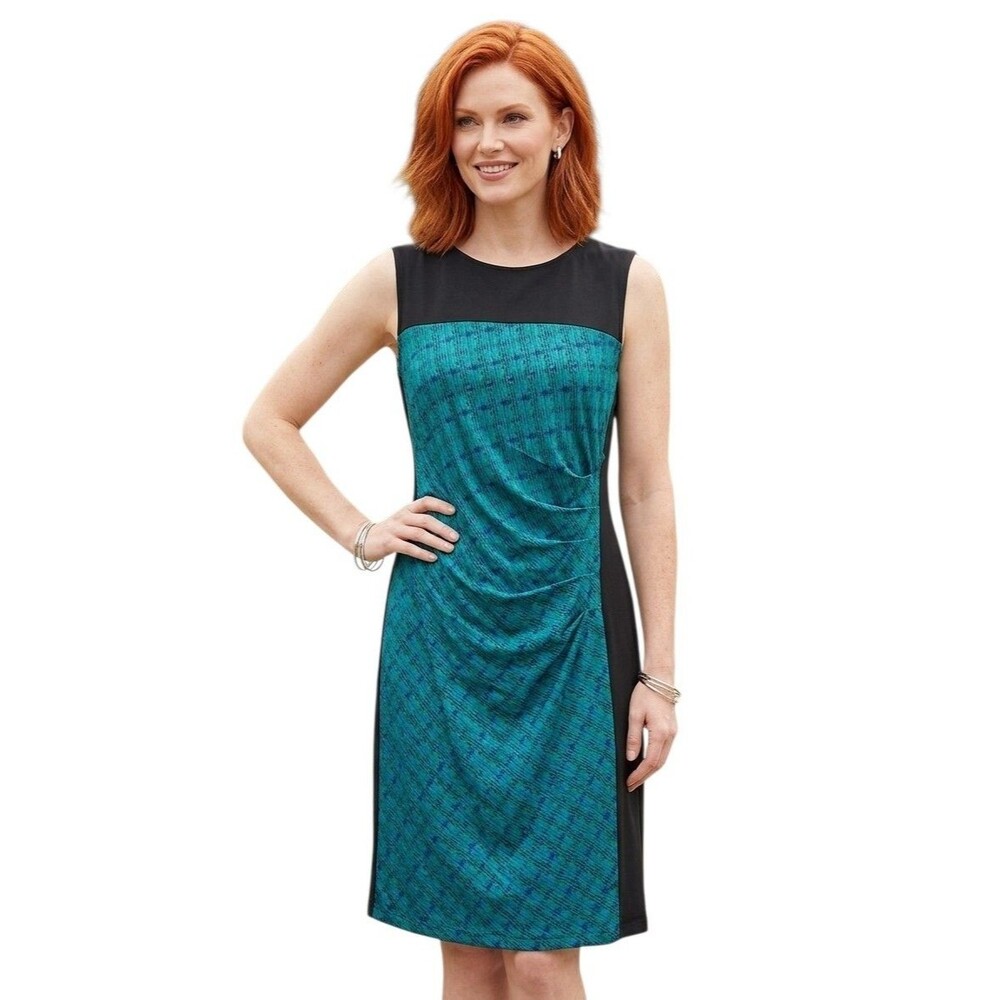 Signature Collection Dress L Green Black Side Pleats Pullover Sleeveless Party